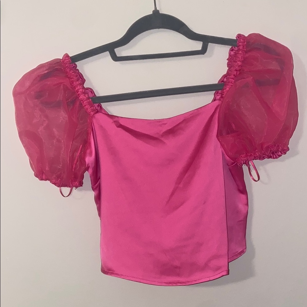 Pink Puff Sleeve Crop Blouse